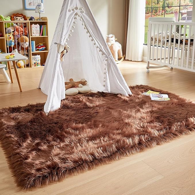 AMTOVO Faux Fur Sheepskin Rug for Living Room, 4 x 6 ft Coffee Fluffy Area Rug - Image 6