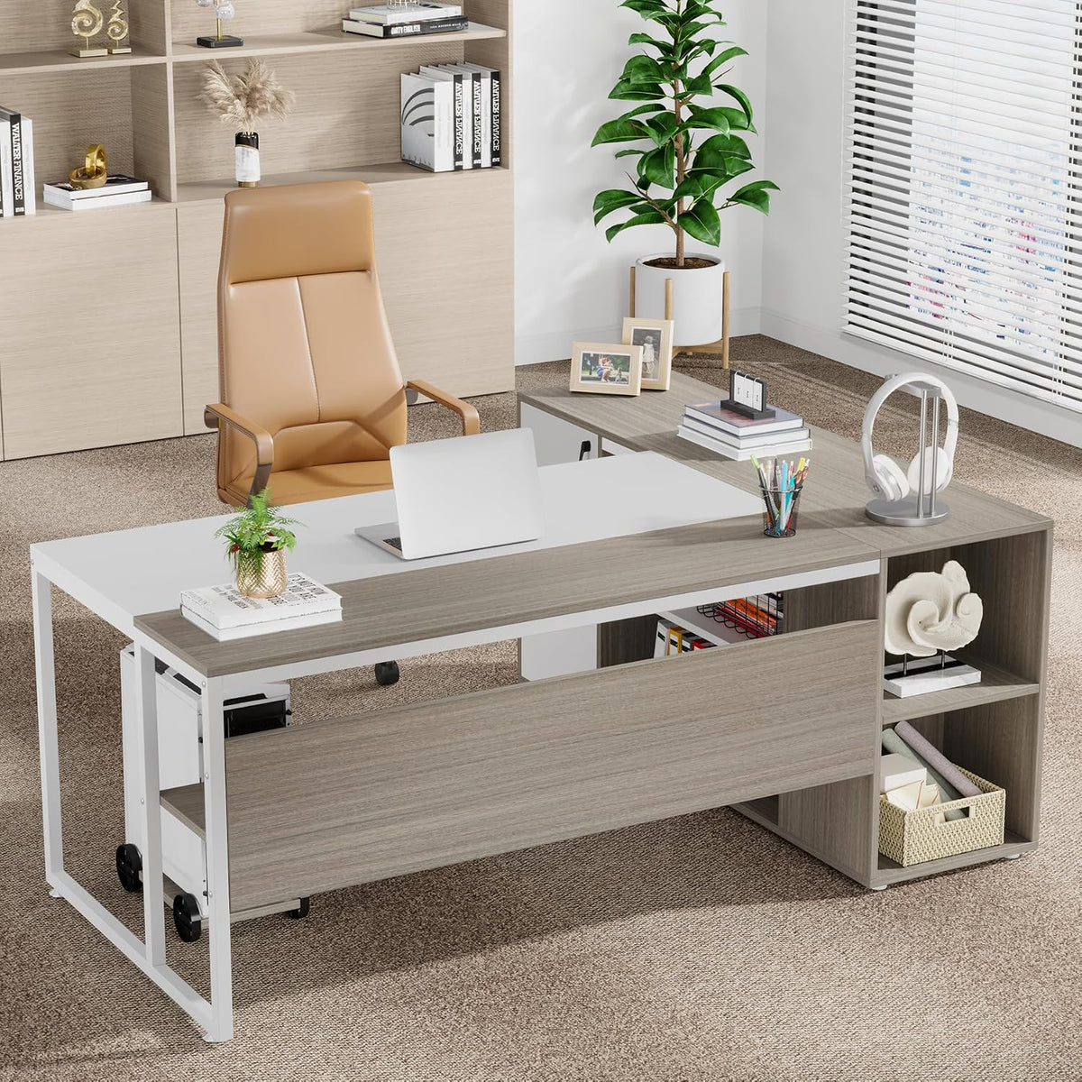 Tribesigns 71 inch Executive Desk, L Shaped Desk with Cabinet Storage, Executive Office Desk with Shelves, Business Furniture Set Workstation for Home Office, Gray and White