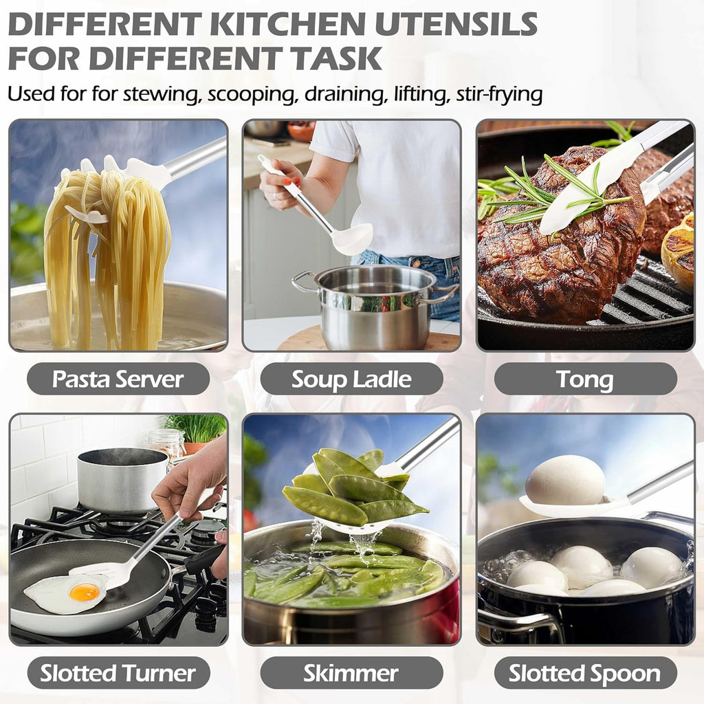 HaWare 29 PCS Silicone Cooking Utensils Set, Heat Resistant Kitchen Utensils Set with Stainless Steel Handle, Spatula Sets with Holder and Hooks, Kitchen Tools Gadgets for Nonstick Cookware -White