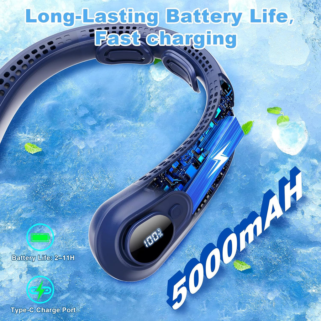 Portable Neck Fan Rechargeable - [with LED Display] 5 Speeds, 5000 mAh Battery Operated Wearable Personal Cooling Bladeless Fan for Outdoor Travel, Gifts for Men Women Kids,Dark Blue
