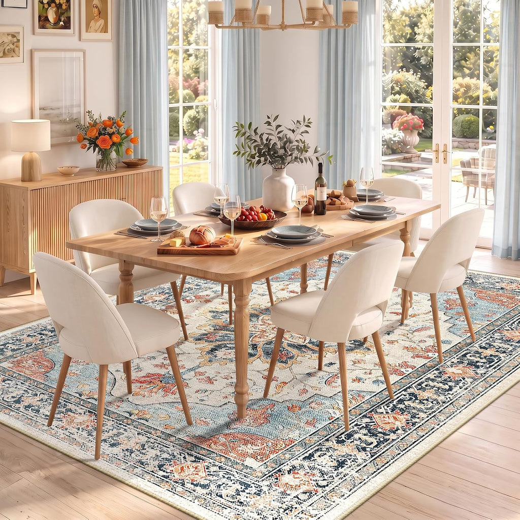 RELEANY Washable Area Rug, 8'x10', Beige/Blue/Orange