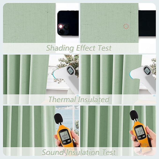 Guken Aqua Green 100% Blackout Linen Curtains 80 Inch Length 2 Panels Set - Image 5