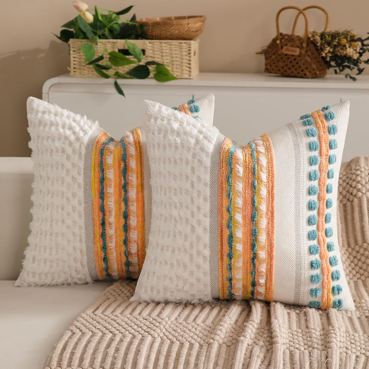 Boho Chenille Tufted Couch Throw Pillow Covers 18x18 Inch Set of 2 Farmhouse Striped Decorative Pillow Covers Accent Neutral Pillowcase Black Yellow Cushion Cover for Living Room Sofa Bed