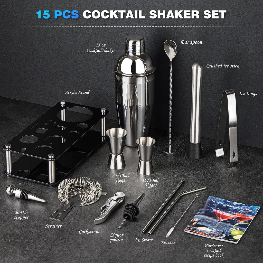 Bartender Kit,15 Pcs Cocktail Shaker Bar Tool with Acrylic Stand
