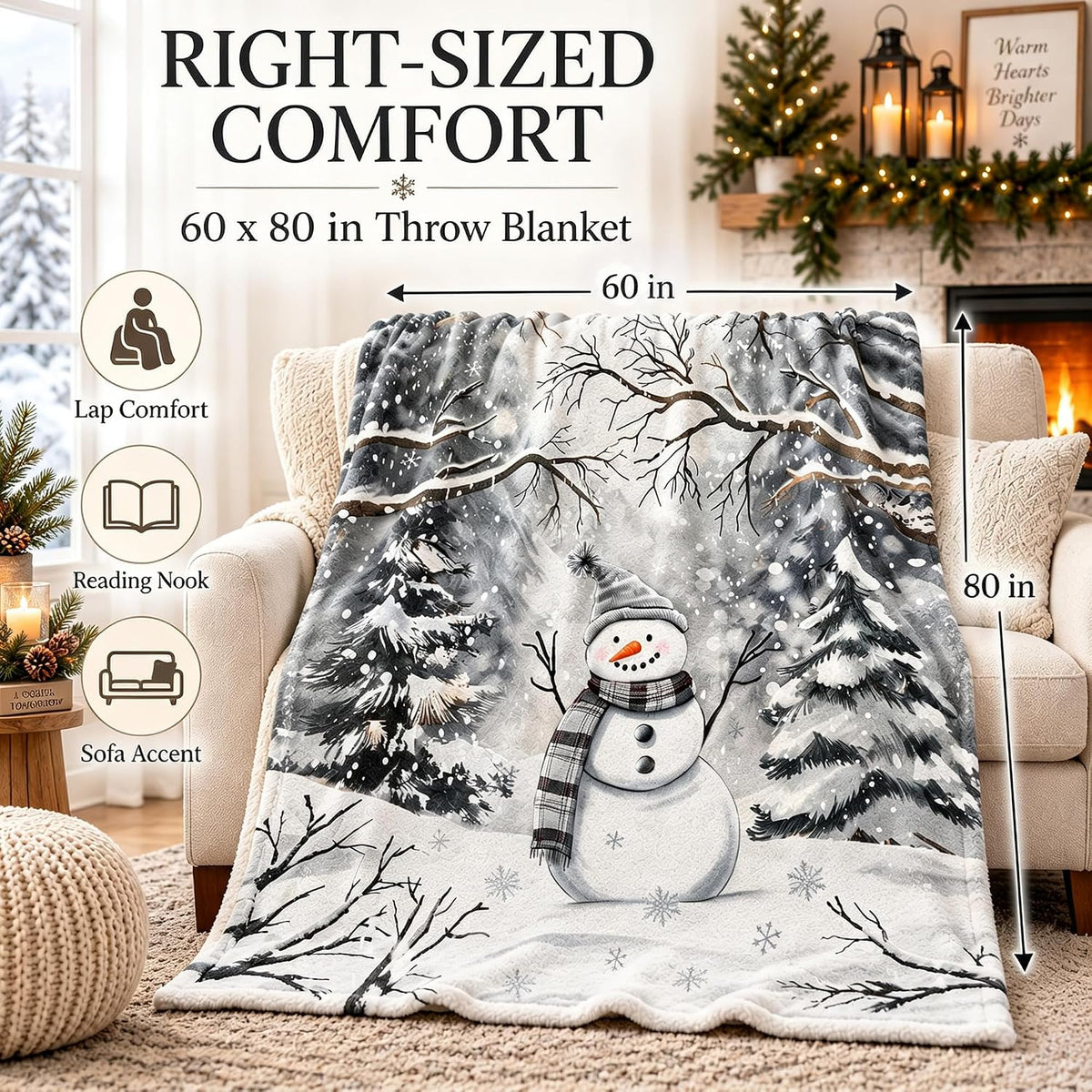 Snowman Winter Throw Blanket 60x80in, Cozy Soft Plush Christmas