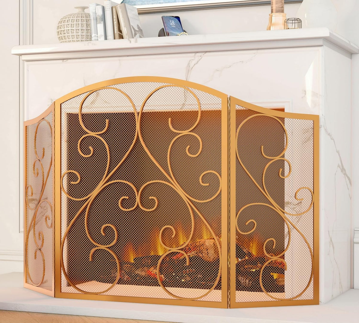 Fire Beauty Fireplace Screen 3 Panel Wrought Iron Metal 48"(L) x30(H) Spark Guard Cover(Golden Dusting)