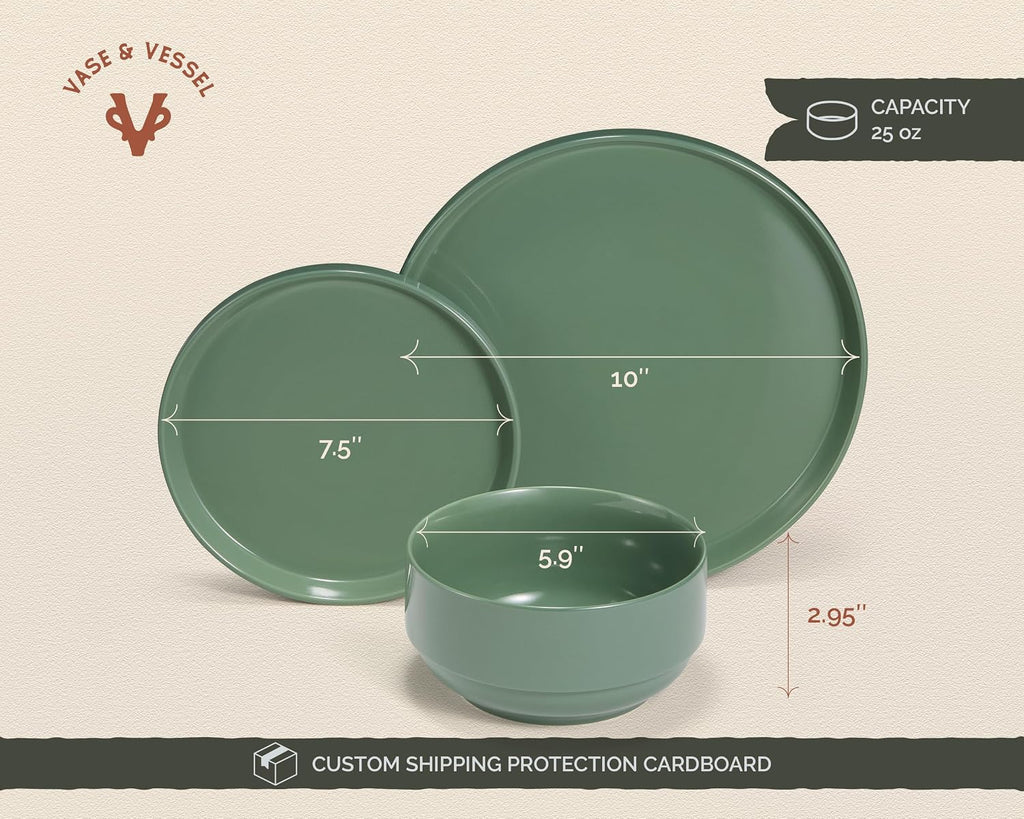 Vase and Vessel Ceramic Dinnerware Set, 12-Piece Service for 4, Round, Microwave and Dishwasher Safe, Cambridge Classics (Dusty Jade)