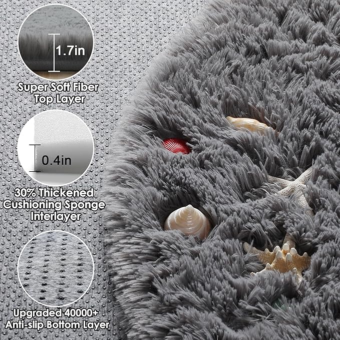 ONASAR Grey Round Area Rugs 5ft, Fluffy Plush Shaggy Carpet - Image 2