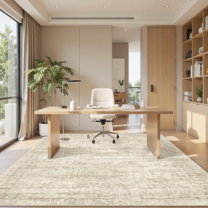 5x7 Area Rugs Beige Low Pile Indoor Washable Trendy Faded Style Rugs - Image 4