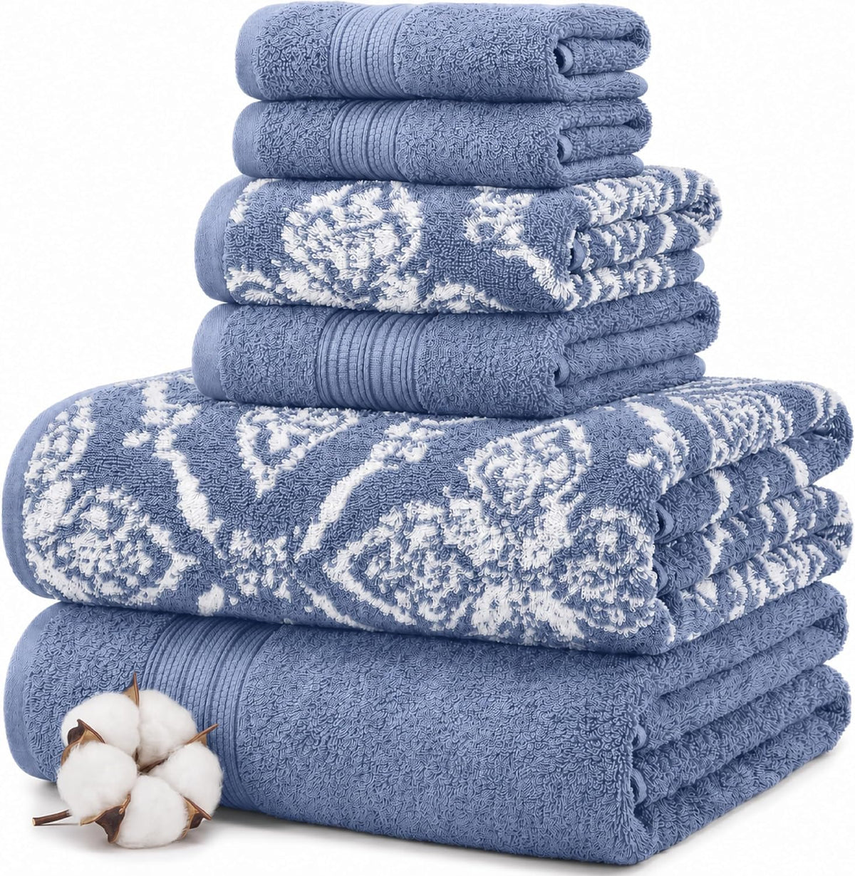Modern Threads Amaris 6-Piece Reversible Yarn Dyed Jacquard Towel Set - Bath Towels, Hand Towels, & Washcloths - Super Absorbent & Quick Dry - 100% Combed Cotton, Denim