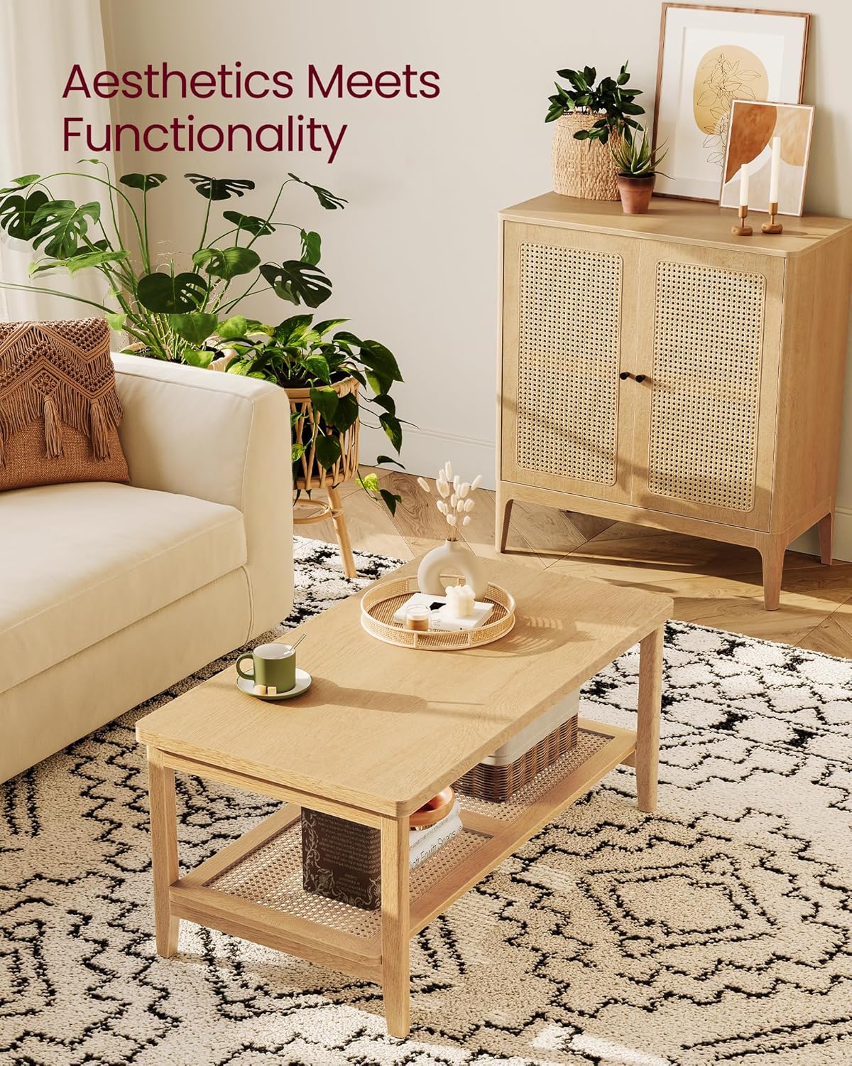VASAGLE 2-Tier Coffee Table for Living Room, with PVC Rattan Storage Shelf
