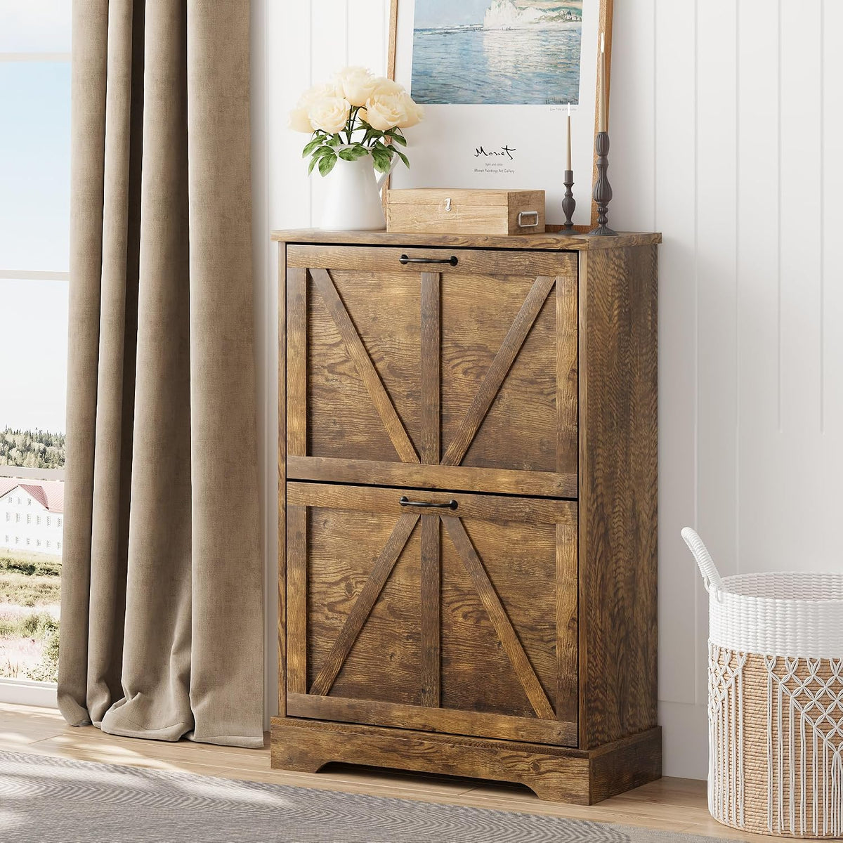 Smart FENDEE Shoe Cabinet, Shoe Storage Cabinet for Entryway with 2 Flip Drawers, Narrow Farmhouse Shoe Organizer Cabinet, Slim Shoe Rack Cabinet, 23.6in Rustic Brown