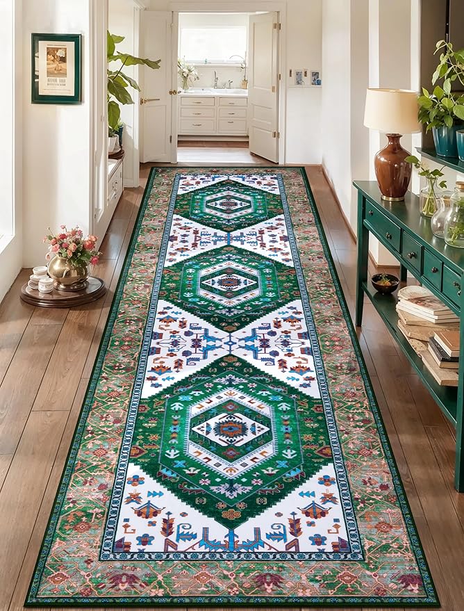 SERISSA Runner Rug for Hallways, Long Boho Rug Vintage Green White Hallway by SERISSAHomeDecorCollection