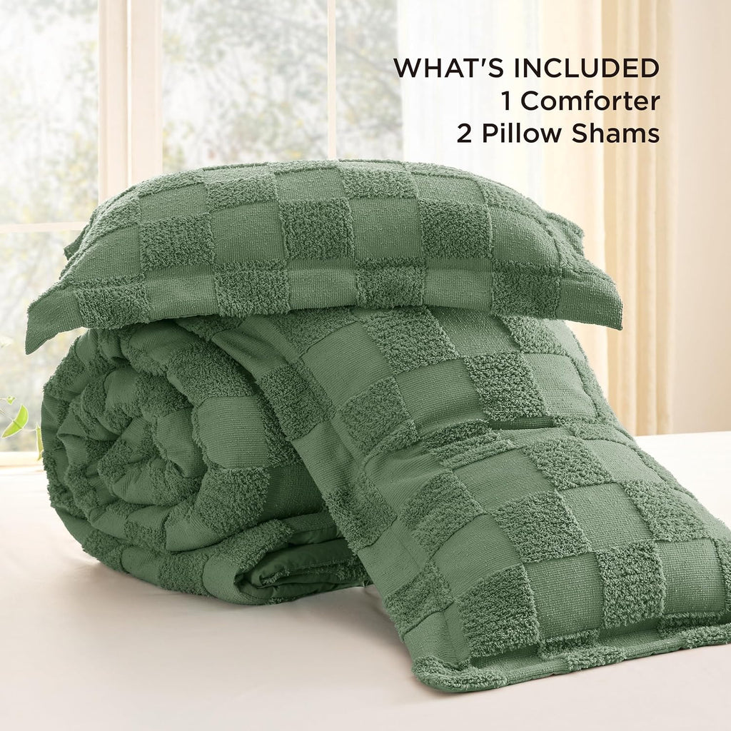 Bedsure Green Plaid Comforters Queen Set, Vintage Boho Bedding Set 3 Pcs