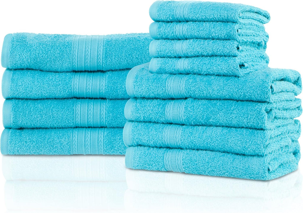 Superior Eco-Friendly 100% Ring-Spun Cotton, 12-Piece Bathroom Towel Set, Ultra Absorbent, Super Soft, Attractive Border, Turquoise