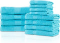 Superior Eco-Friendly 100% Ring-Spun Cotton, 12-Piece Bathroom Towel Set, Ultra Absorbent, Super Soft, Attractive Border, Turquoise