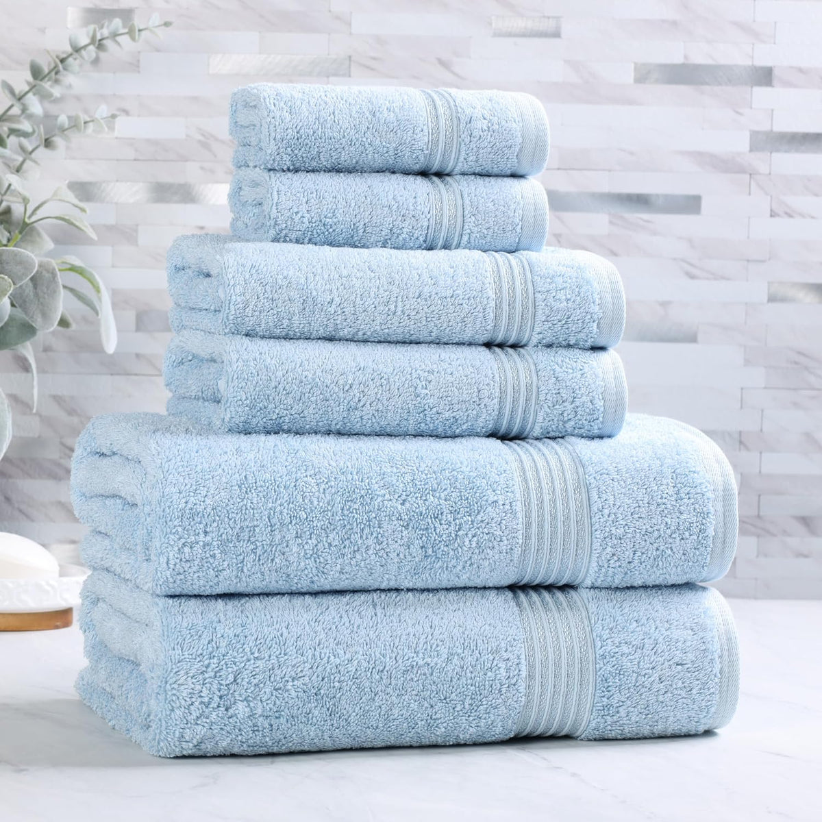SUPERIOR Egyptian Cotton 6-Piece Towel Set, Bathroom Essentials, Towels for Bathroom, Apartment, Airbnb, Guest Bath, Face, Hand, Bath Towels, Washcloths, Absorbent, Fast Drying, Light Blue
