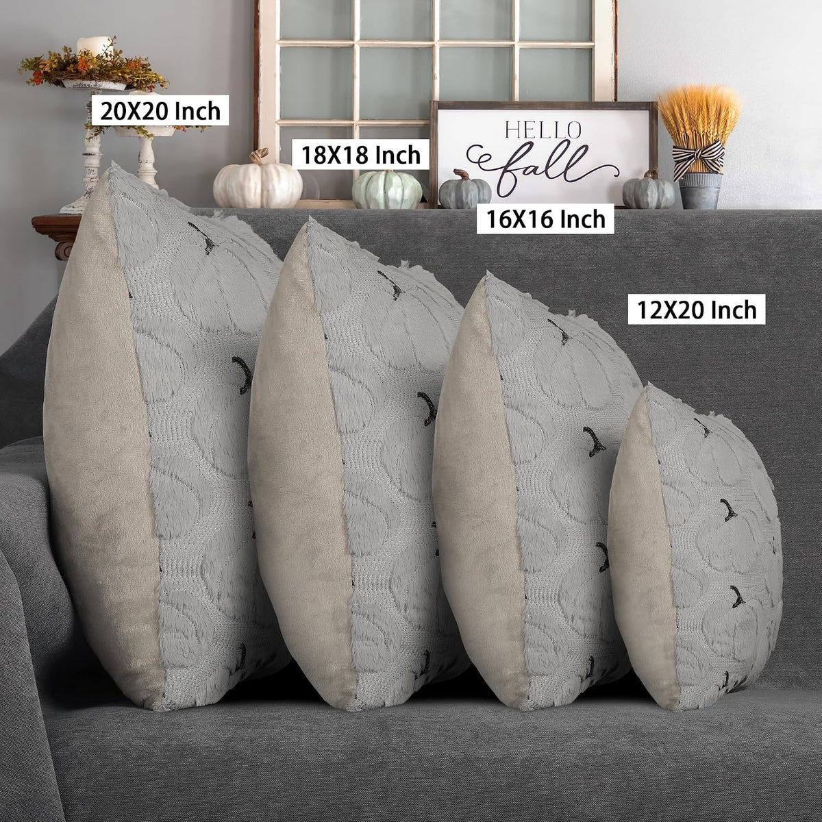 Fall Pillow Covers 18x18 Set of 2 Gray Pumpkin Decorations for Home