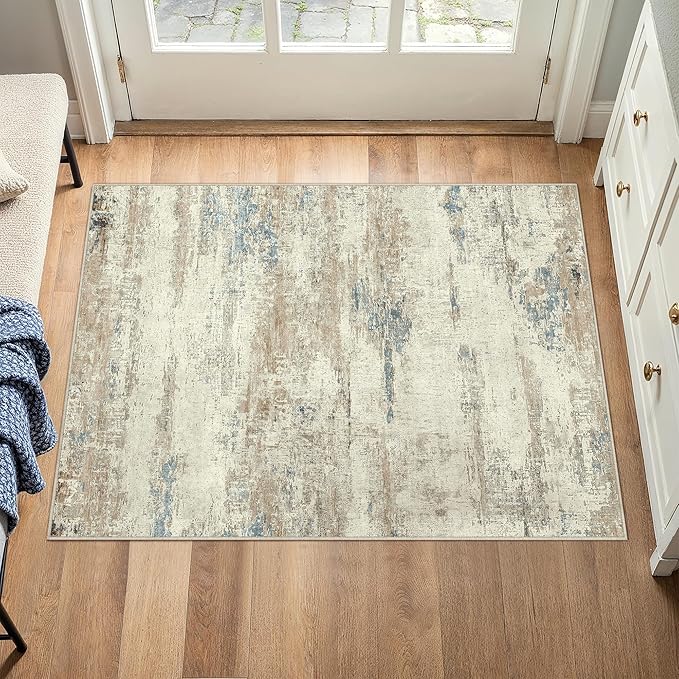 2x3 Area Rug Washable Beige Brown Abstract Modern Neutral Entryway Carpet Non - Image 3