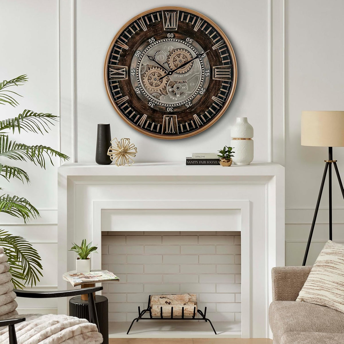 CLXEAST 24 Inch Large Wall Clock with Moving Gears, Antique Gold