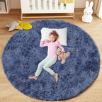 Navy Blue Round Rugs for Bedroom: 4ft Circle Fluffy Shag Soft Washable Rug by VECARF