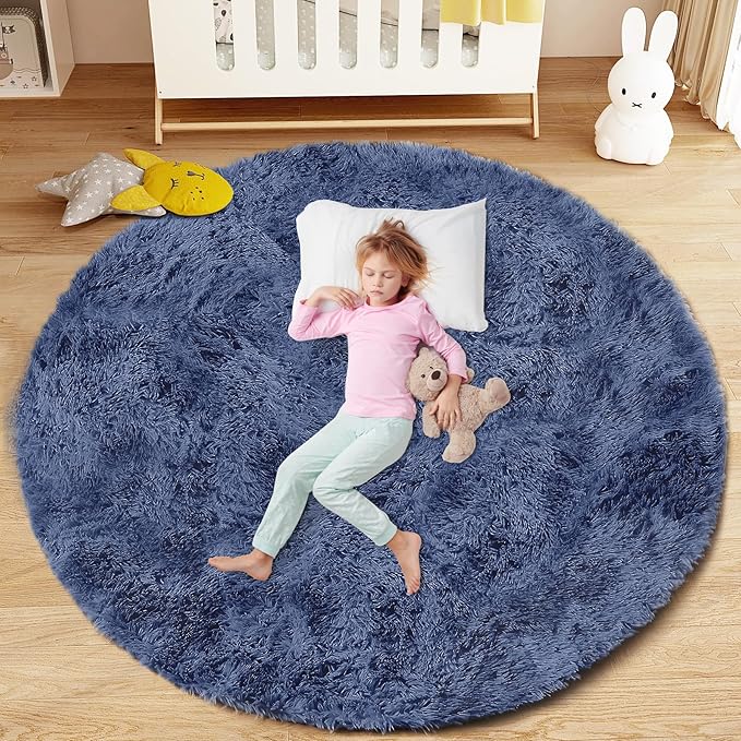 Navy Blue Round Rugs for Bedroom: 4ft Circle Fluffy Shag Soft Washable Rug by VECARF