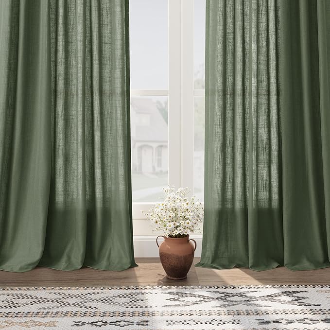 Olive Green Linen Sheer Curtains 63 Inch Length 2 Panel Set Back Tab Rod Pocket - Image 5