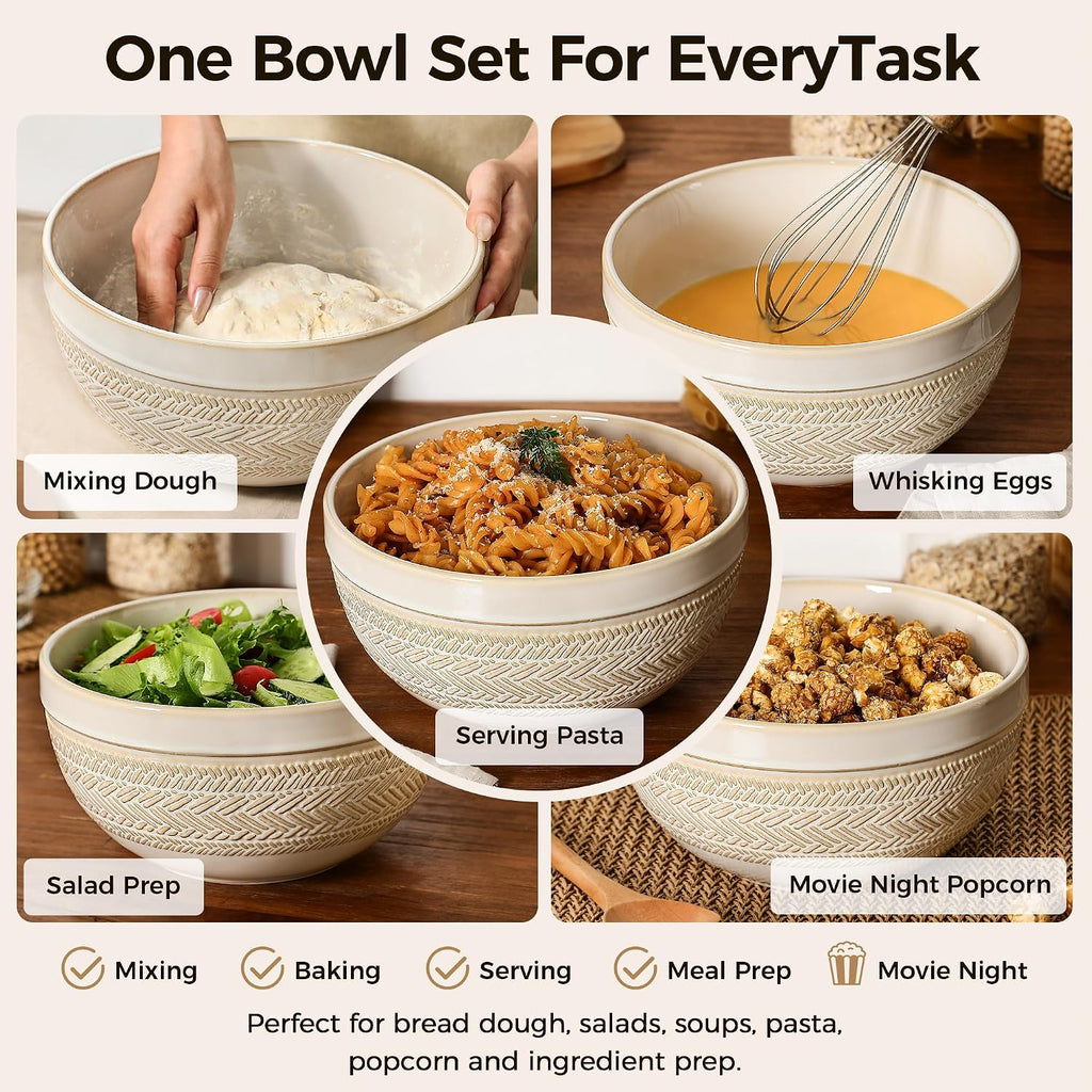 Ceramic Mixing Bowls Set of 3, Large Nesting Serving Bowls