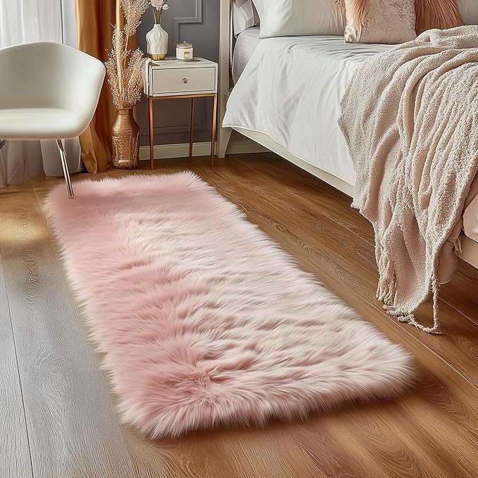 Goolela Pink Fluffy Fuzzy Furry Runner Rug 2X6 Light Pink Faux Sheepskin Fur Rug - Image 2
