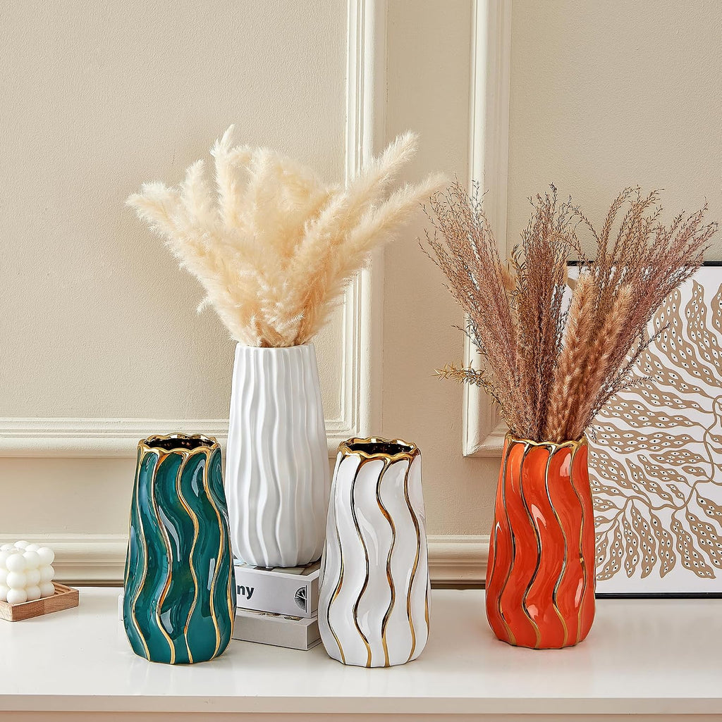 White Ceramic Vase for Home Decor,Decorative Flower Vase, Vertical Stripe Ceramic Vases for Home Décor, Bedroom, Office, Living Room, Bathroom, Tabletop Decor, Centerpiece (White)