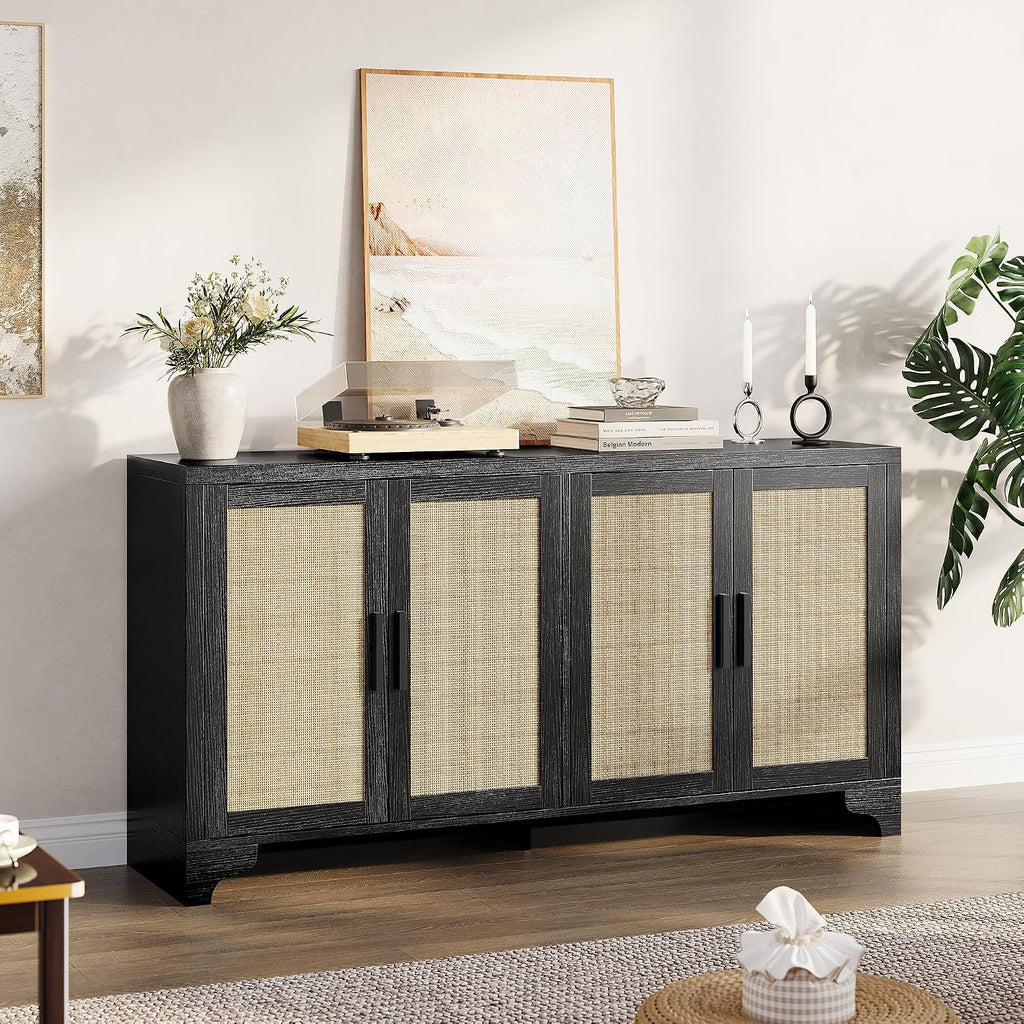 Rattan Sideboard Cabinet, 4-Door Buffet Storage for Entryway Living Room