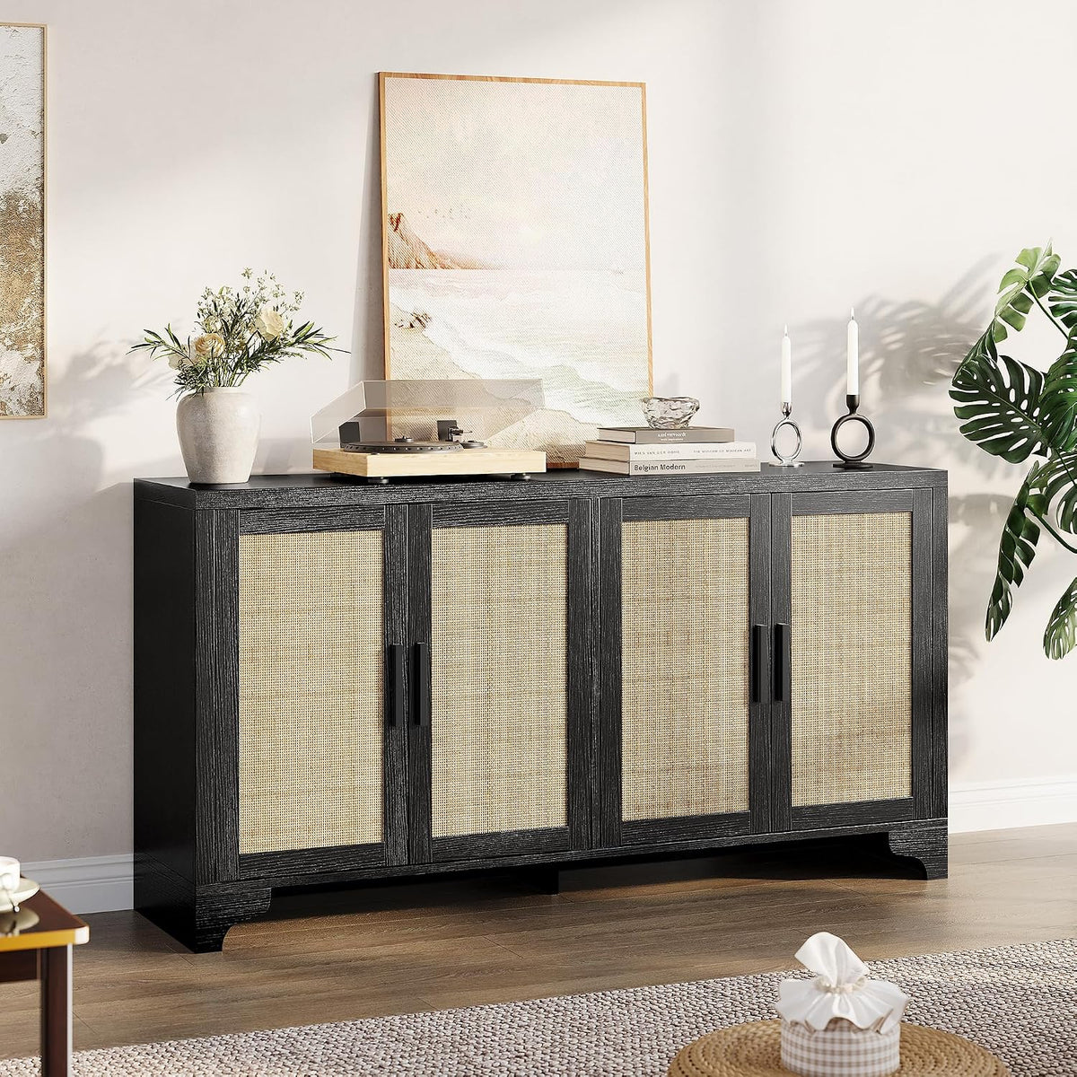 Rattan Sideboard Cabinet, 4-Door Buffet Storage for Entryway Living Room