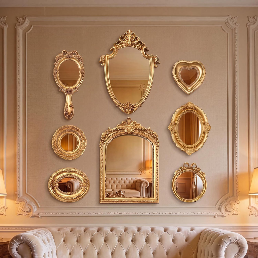5 Pcs Vintage Gold Wall Mirror Set, 13in/8in/7in/4in, Classic Style
