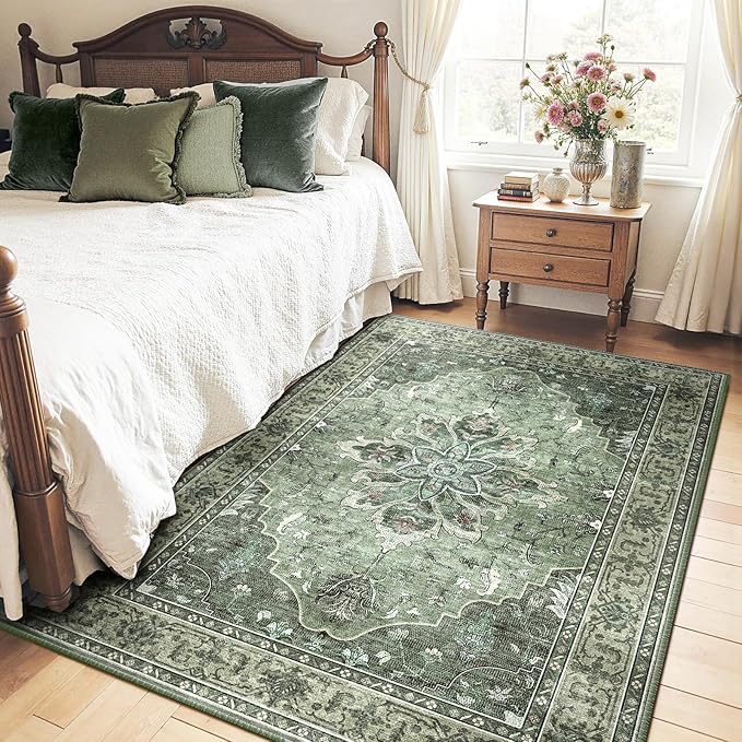 Area Rugs 6'x9' Washable Non-Slip, Floral Vintage Distress Print Pattern - Image 2