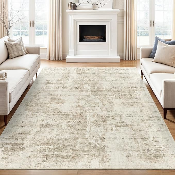 Soalmost Abstract Rug 5x7 Machine Washable Area Indoor Beige Gray White Low - Image 2