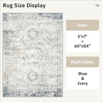 5x7 Area Rugs Blue Ivory Low Pile Indoor Washable Trendy Faded Style Rugs - Image 5