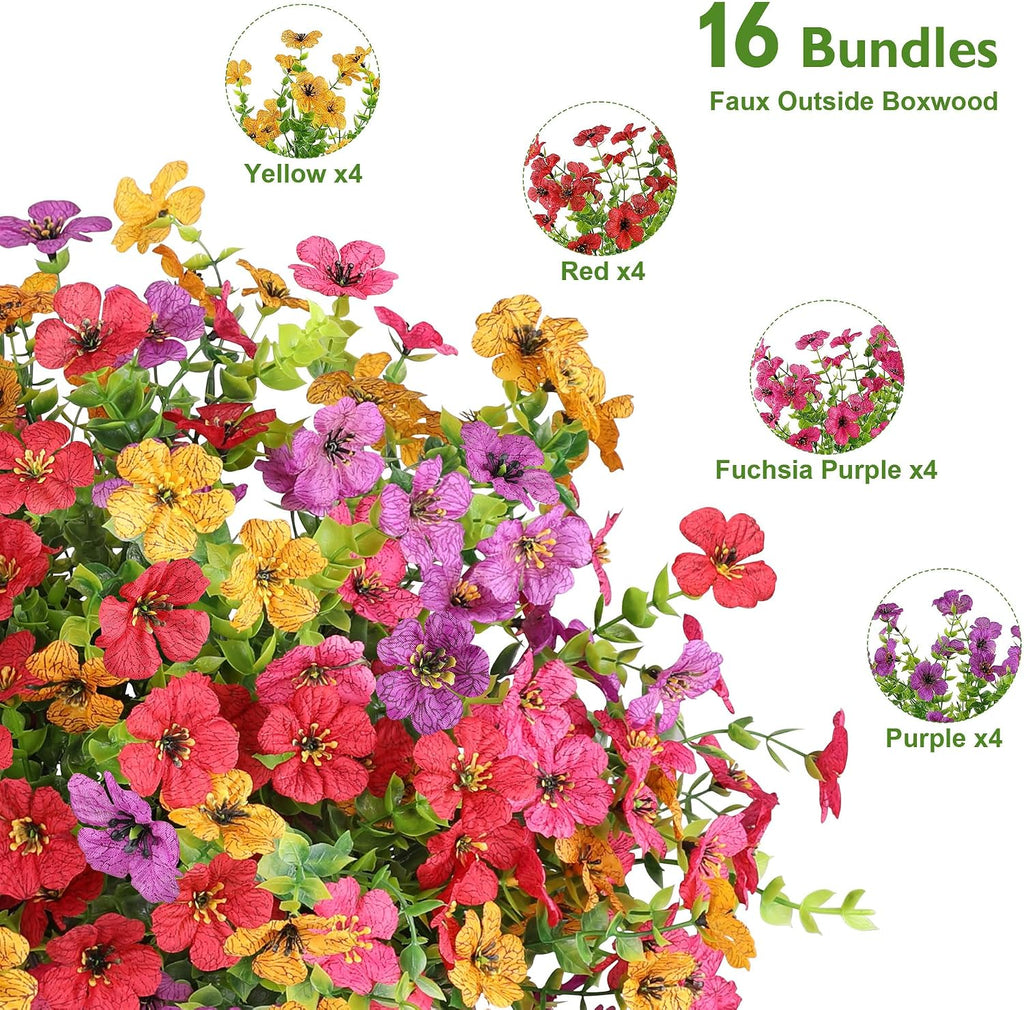 Artificial Flowers for Outdoors, 16 Bundles UV Resistant Realistic Faux Silk Flowers, Fake Plants for Outside Planter Front Porch Patio Balcony Window Box Garden Yard Farmhouse
