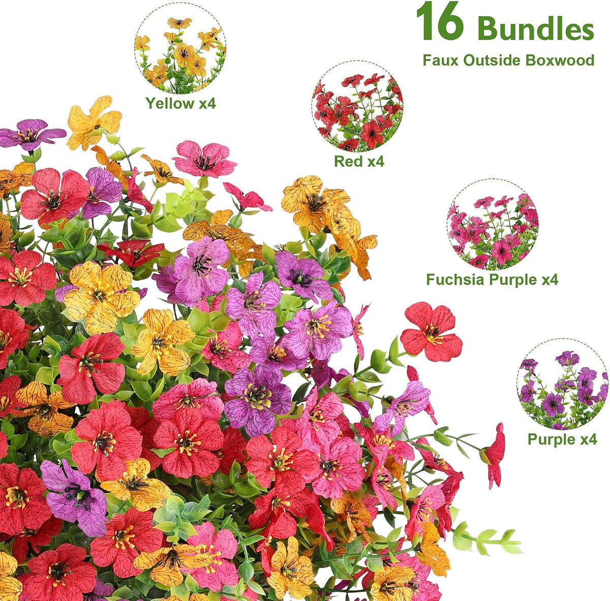 Artificial Flowers for Outdoors, 16 Bundles UV Resistant Realistic Faux Silk Flowers, Fake Plants for Outside Planter Front Porch Patio Balcony Window Box Garden Yard Farmhouse