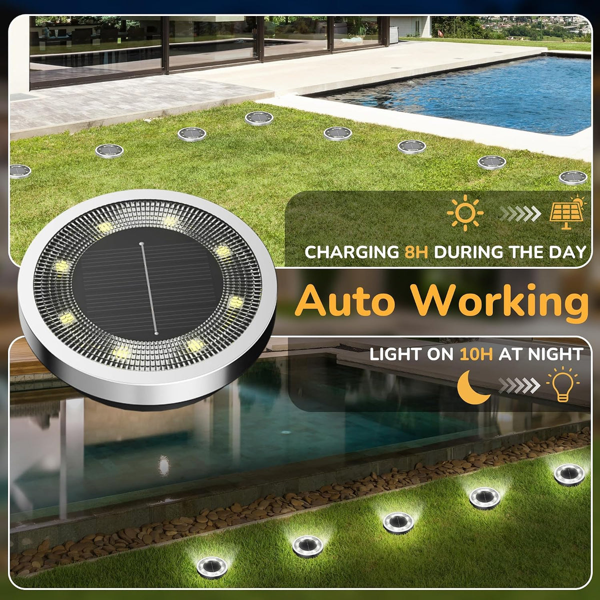 INCX 24Pack Solar Ground Lights Outdoor, 8 LED, IP65 Waterproof, Cold White