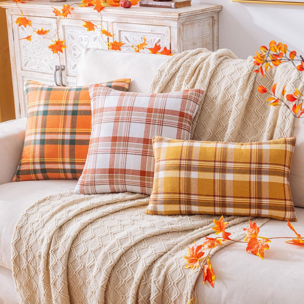AQOTHES Fall Plaid Orange Green Throw Pillow Covers 18x18 Inch Set of 2