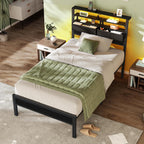 Furnulem Twin Bed Frames with Charging Station and LED Lights, Black Oak