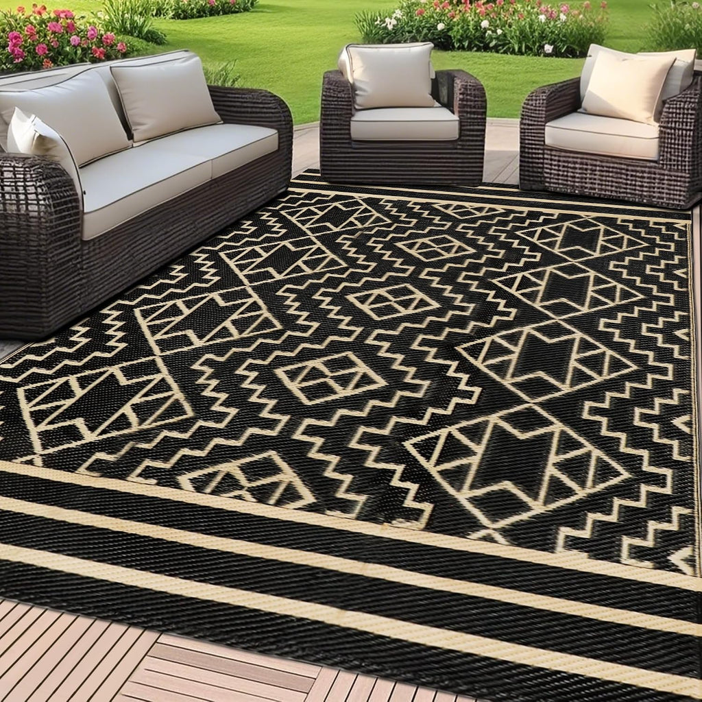 SAND MINE Reversible Mats, Plastic Straw Rug, Modern Area Rug, Large Floor Mat and Rug for Outdoors, RV, Patio, Backyard, Deck, Picnic, Beach, Trailer, Camping (9' x 12', Brown & Black)