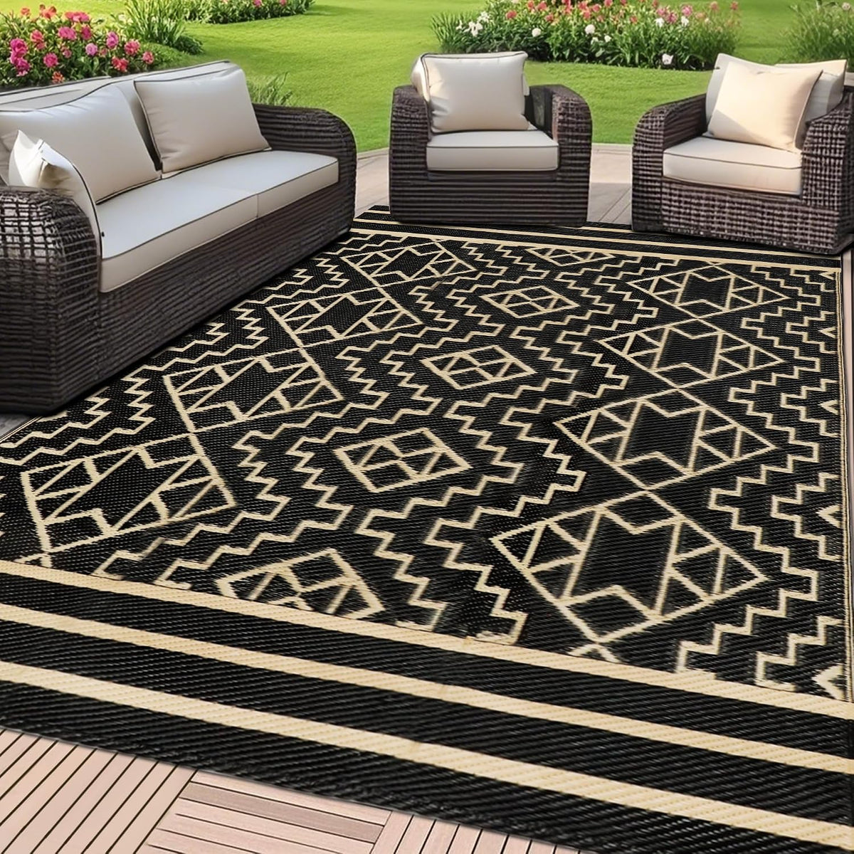 SAND MINE Reversible Mats, Plastic Straw Rug, Modern Area Rug, Large Floor Mat and Rug for Outdoors, RV, Patio, Backyard, Deck, Picnic, Beach, Trailer, Camping (9' x 12', Brown & Black)