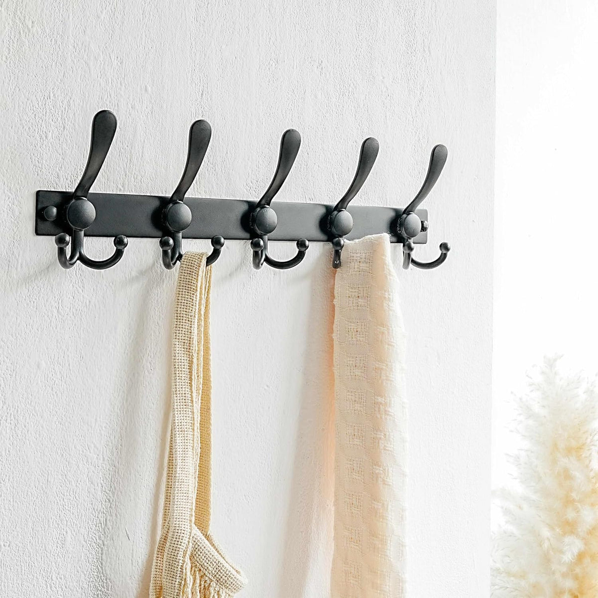 Coat Rack Wall Mount, Heavy Duty 12-Gauge Base vs Flimsy 1mm, Double-Thick Solid Anti-Snap Hooks, 16” Stud-Mount, Stainless Steel Hanger for Clothes Hat Entryway Closet Mudroom, Black
