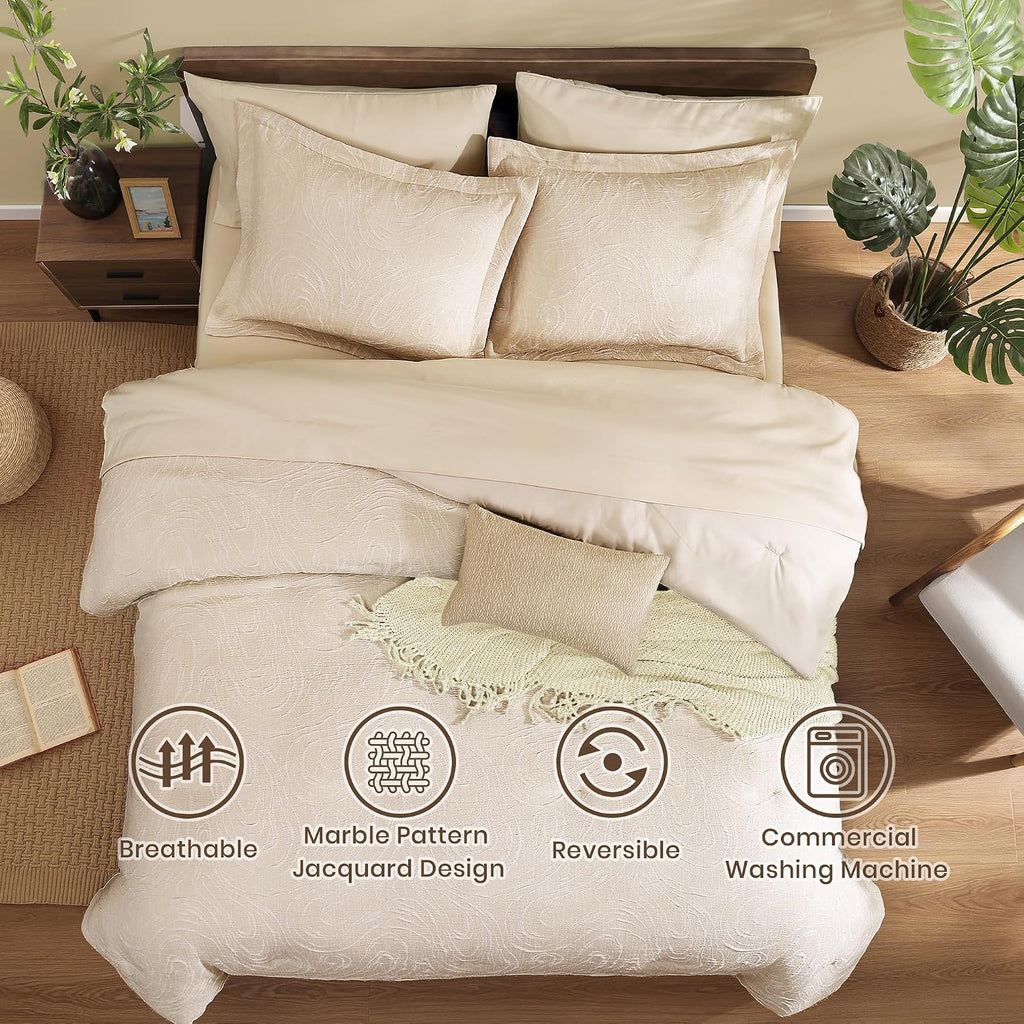 Monbix Queen Comforter Set 7 Pieces Birch Marble Bed in a Bag