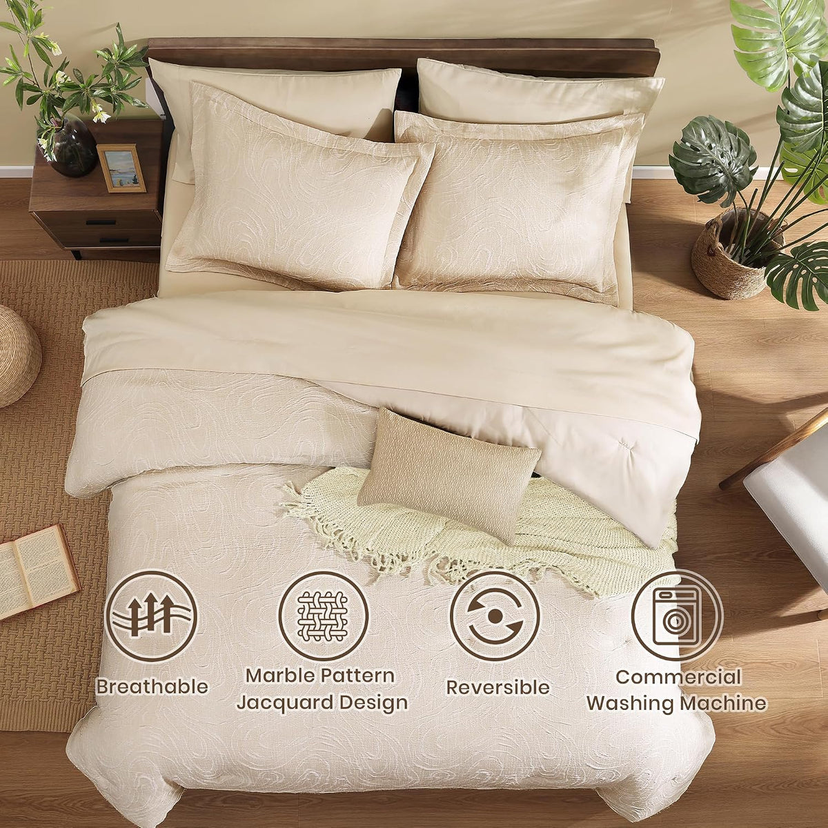 Monbix Queen Comforter Set 7 Pieces Birch Marble Bed in a Bag