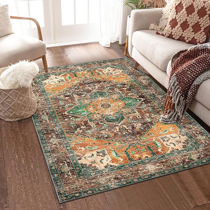 Yamaziot Washable Area Rug, 4x6 Non-Slip Boho Vintage Living Room Bedroom Rug by Yamaziot