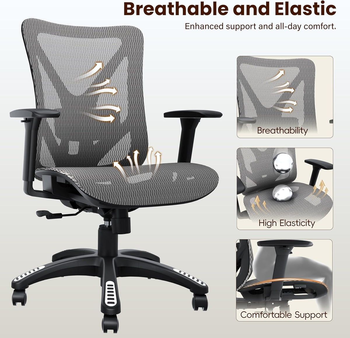 Ergonomic Office Chair, Mesh Computer Desk Chairs with BIFMA X5.1 Certified, Adjustable Lumbar Support, 3D Arm, Tilt Back, Wide Seat, Comfy Swivel Work Task Chair for Company and Home (Dawn Grey)