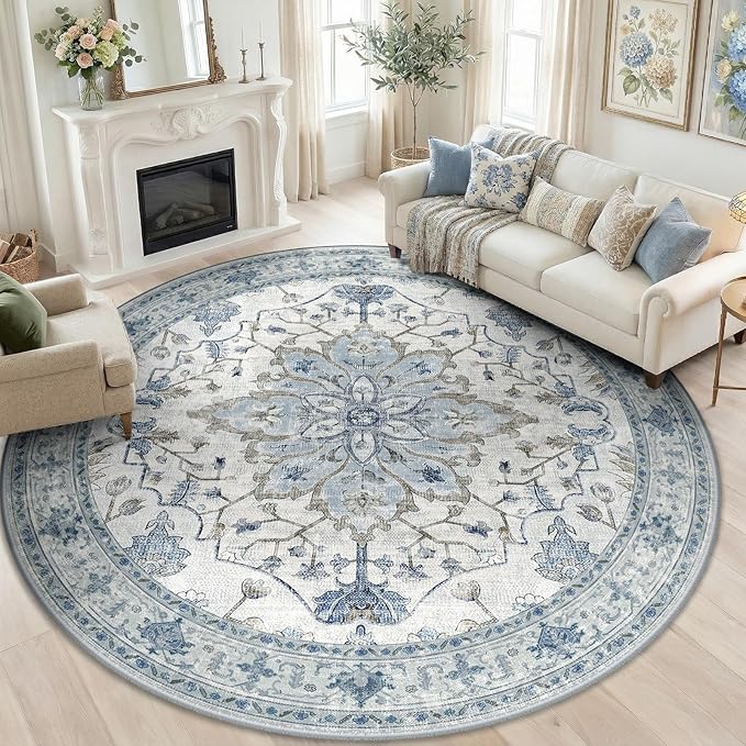 Area Rugs 7ft Washable Non-Slip, Floral Vintage Distress Print Pattern - Image 3