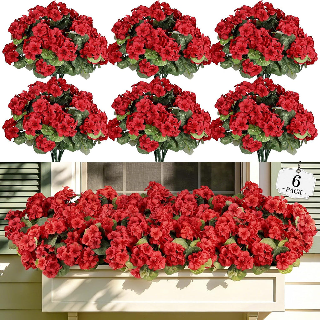 Artificial Flowers No Fade Realistic Geraniums Red Christmas Decor 6 Bundle
